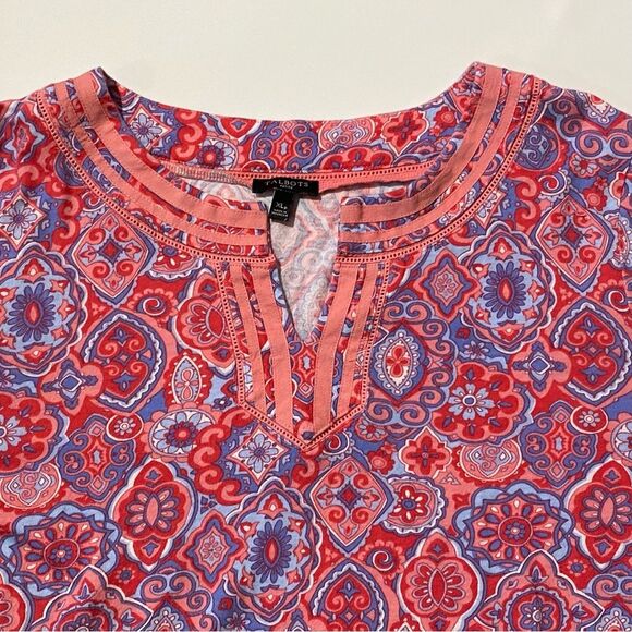 Talbots Pink Paisley Split Neck Pima Cotton Blend 3/4 Sleeve Blouse Women's XLP - Picture 4 of 16